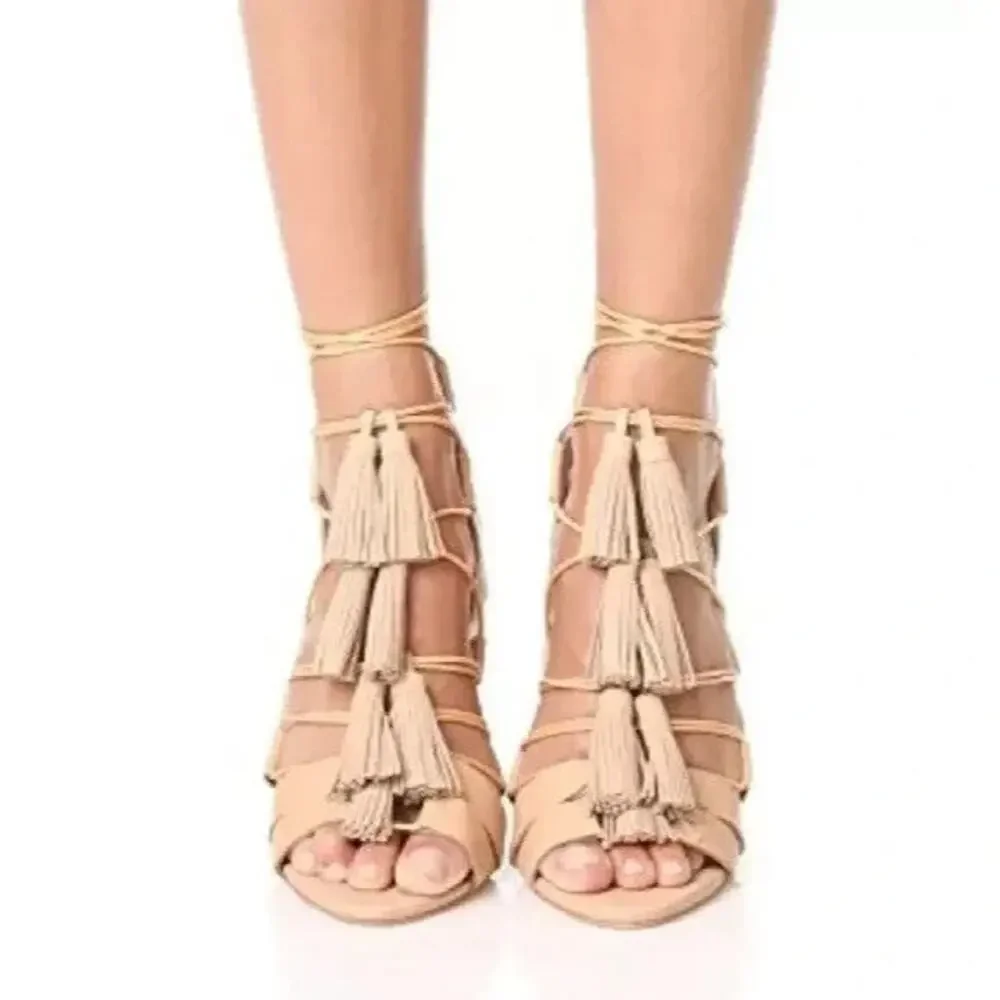 Loeffler Randall Sandal Luz Natural Tan Beige Tassel Lace Up Wraparound Open 8 B